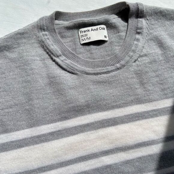 Frank And Oak Merino Wool Crewneck Long-Sleeve Sweater Light Grey Stripe - SZ M - Picture 6 of 9
